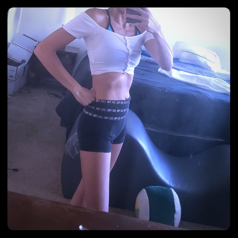 White crop top w black pink Victoria secret shorts